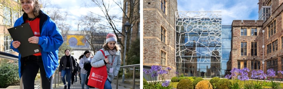Photo 1: Visitors on a student-led tour of campus. Photo 2: The Fry Building in springtime