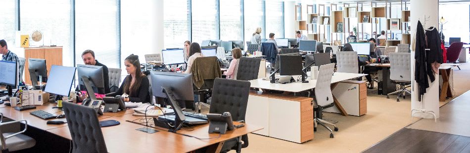 Wide shot of people working in an office space