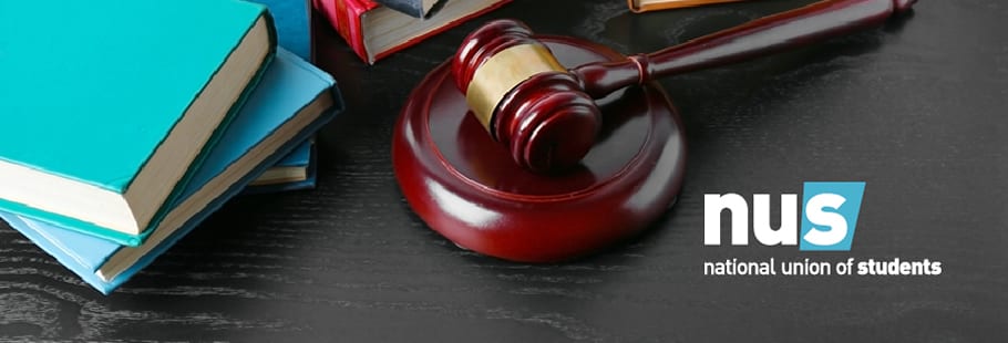 Gavel and books with National Union of Students (NUS) logo