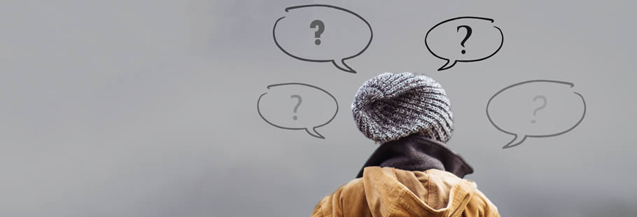 Head, facing away, with question marks Head, facing away, with question marks